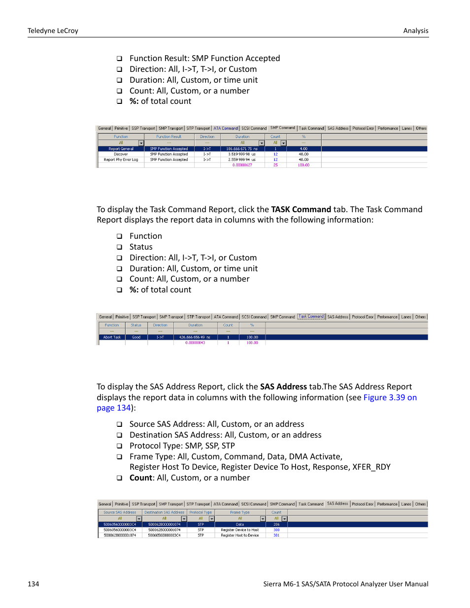 Task command report (sas), Sas address report (sas) | Teledyne LeCroy Sierra M6-1 SAS_SATA Protocol Analyzer User Manual User Manual | Page 136 / 302