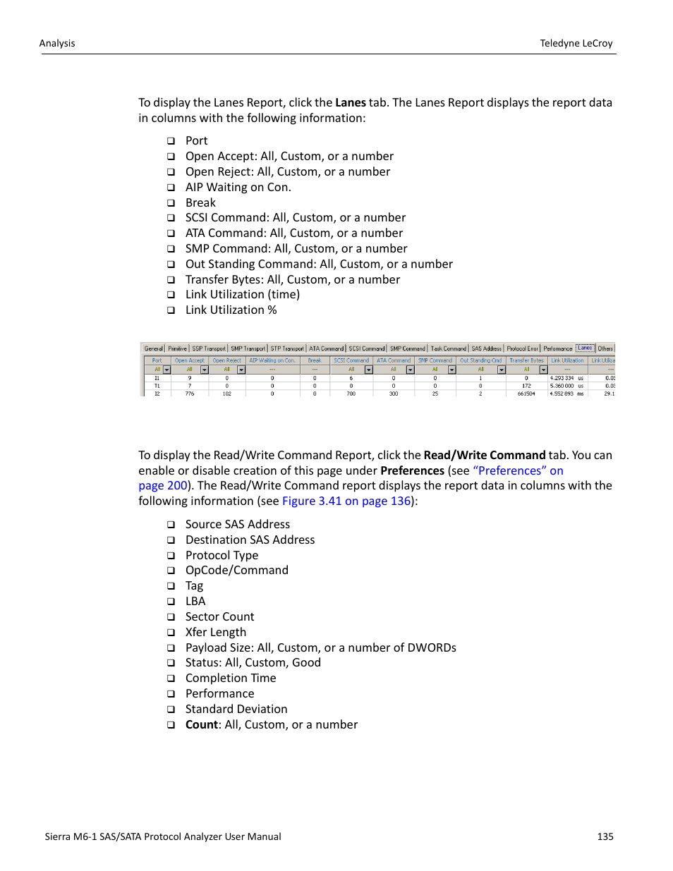 Lanes report (sas), Read/write command report (sas) | Teledyne LeCroy Sierra M6-1 SAS_SATA Protocol Analyzer User Manual User Manual | Page 137 / 302