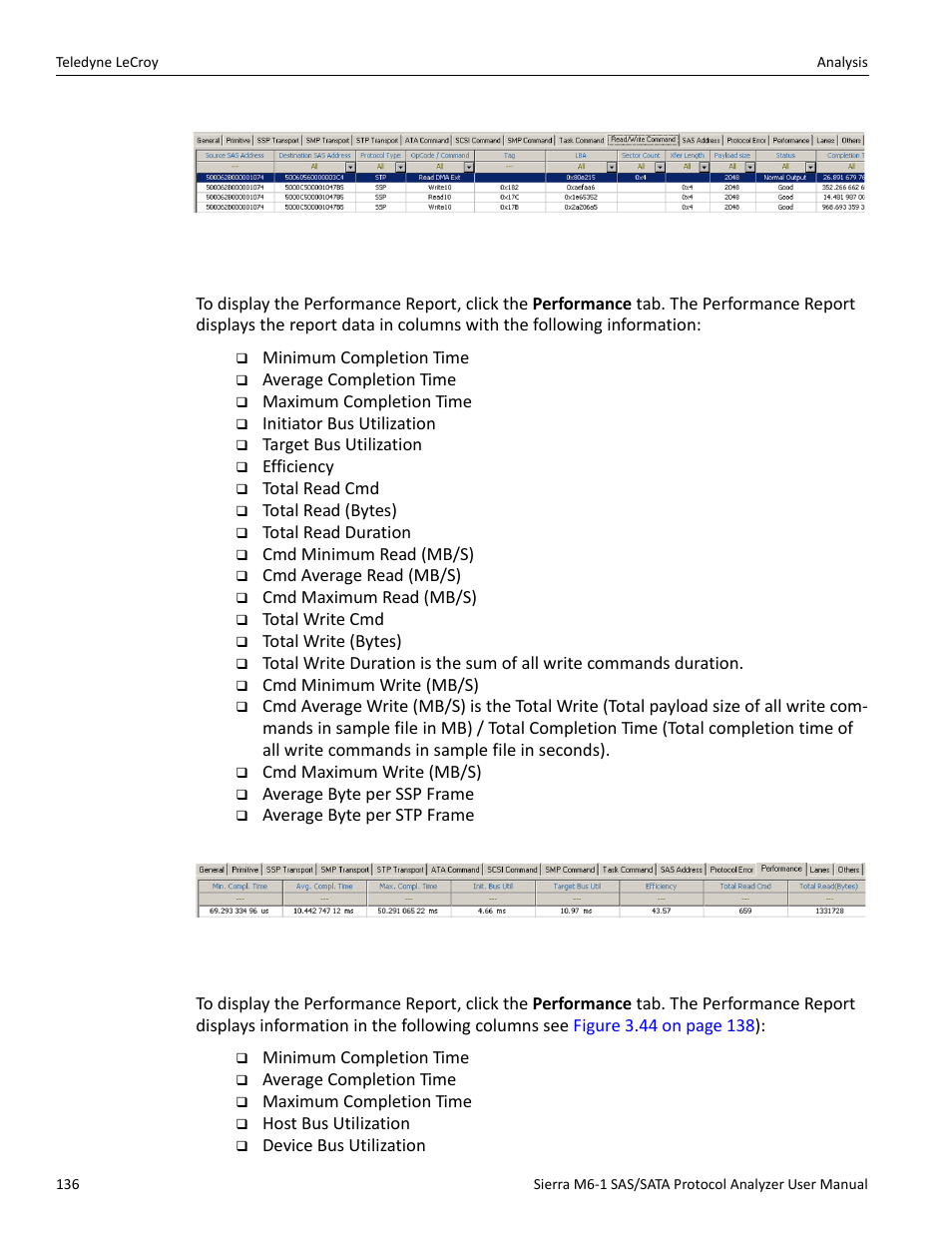 Performance report (sas), Performance report (sata) | Teledyne LeCroy Sierra M6-1 SAS_SATA Protocol Analyzer User Manual User Manual | Page 138 / 302
