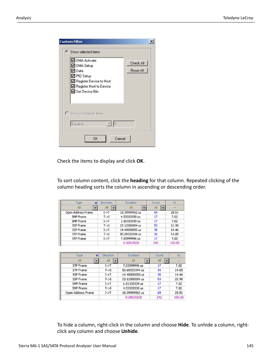 Sorting column content, Hiding columns | Teledyne LeCroy Sierra M6-1 SAS_SATA Protocol Analyzer User Manual User Manual | Page 147 / 302