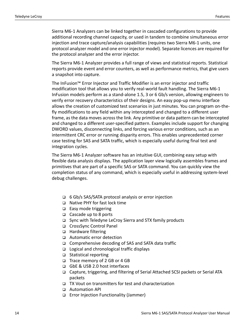 2 features | Teledyne LeCroy Sierra M6-1 SAS_SATA Protocol Analyzer User Manual User Manual | Page 16 / 302