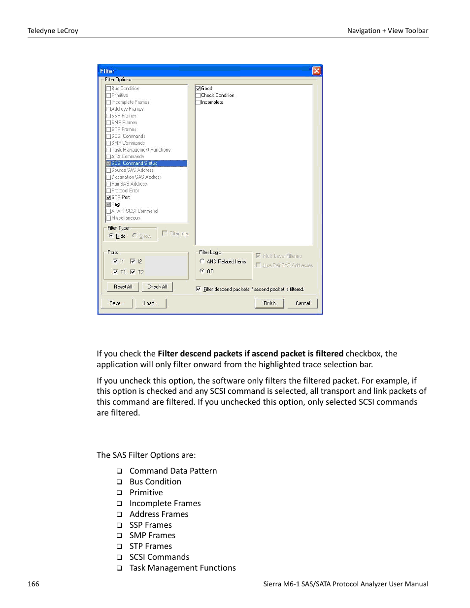 Filter descending packets from trace highlight bar, 4 selectable filter options for sas | Teledyne LeCroy Sierra M6-1 SAS_SATA Protocol Analyzer User Manual User Manual | Page 168 / 302