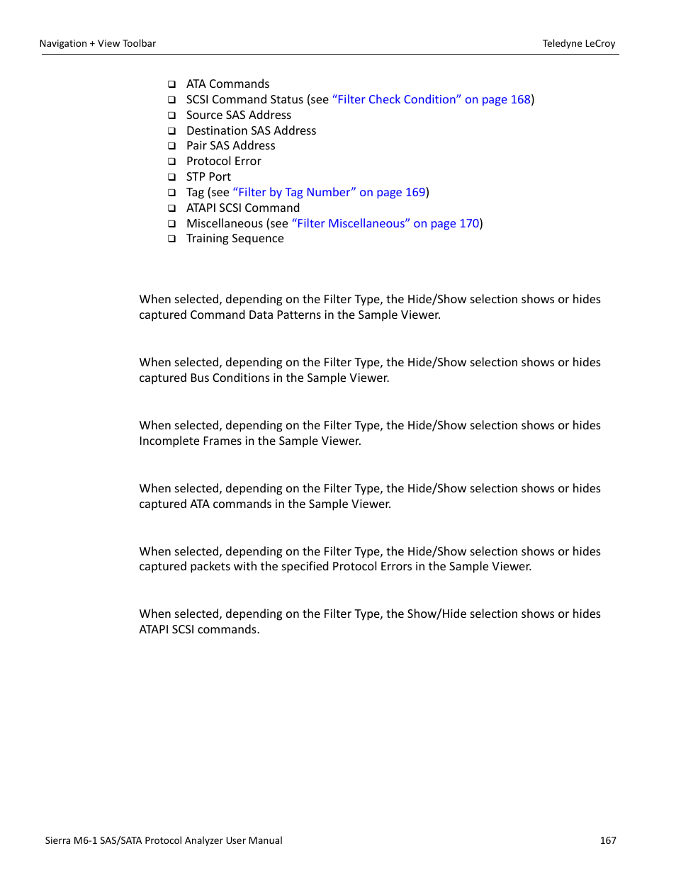 Command data pattern, Bus condition, Incomplete frames | Ata command, Protocol error, Atapi scsi command | Teledyne LeCroy Sierra M6-1 SAS_SATA Protocol Analyzer User Manual User Manual | Page 169 / 302