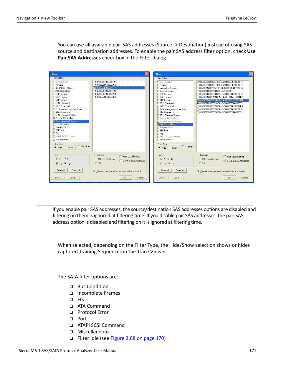 Use pair sas addresses, Training sequence, 5 selectable filter options for sata | Selectable | Teledyne LeCroy Sierra M6-1 SAS_SATA Protocol Analyzer User Manual User Manual | Page 173 / 302