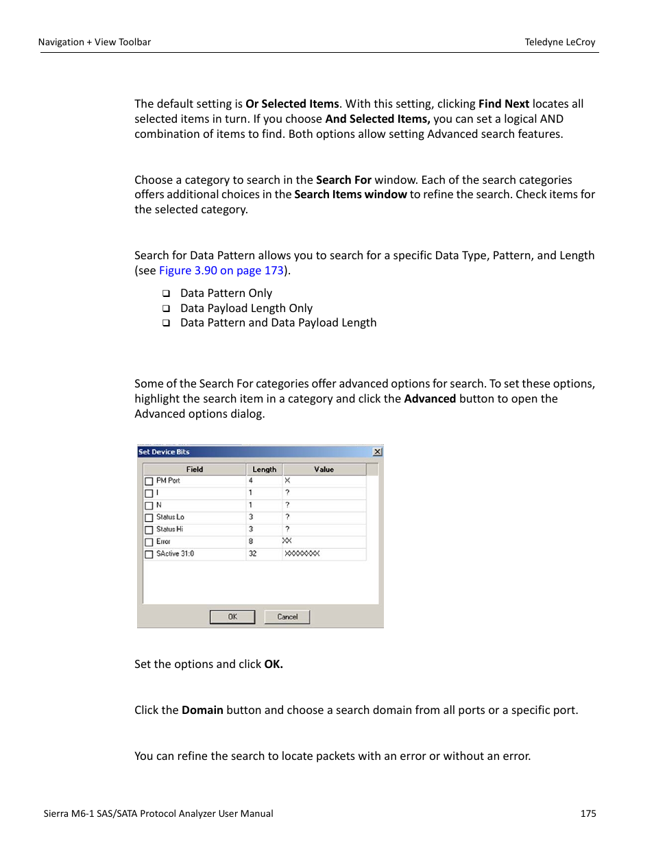 Search logic, Search for, Data pattern | Advanced options, Search domain | Teledyne LeCroy Sierra M6-1 SAS_SATA Protocol Analyzer User Manual User Manual | Page 177 / 302
