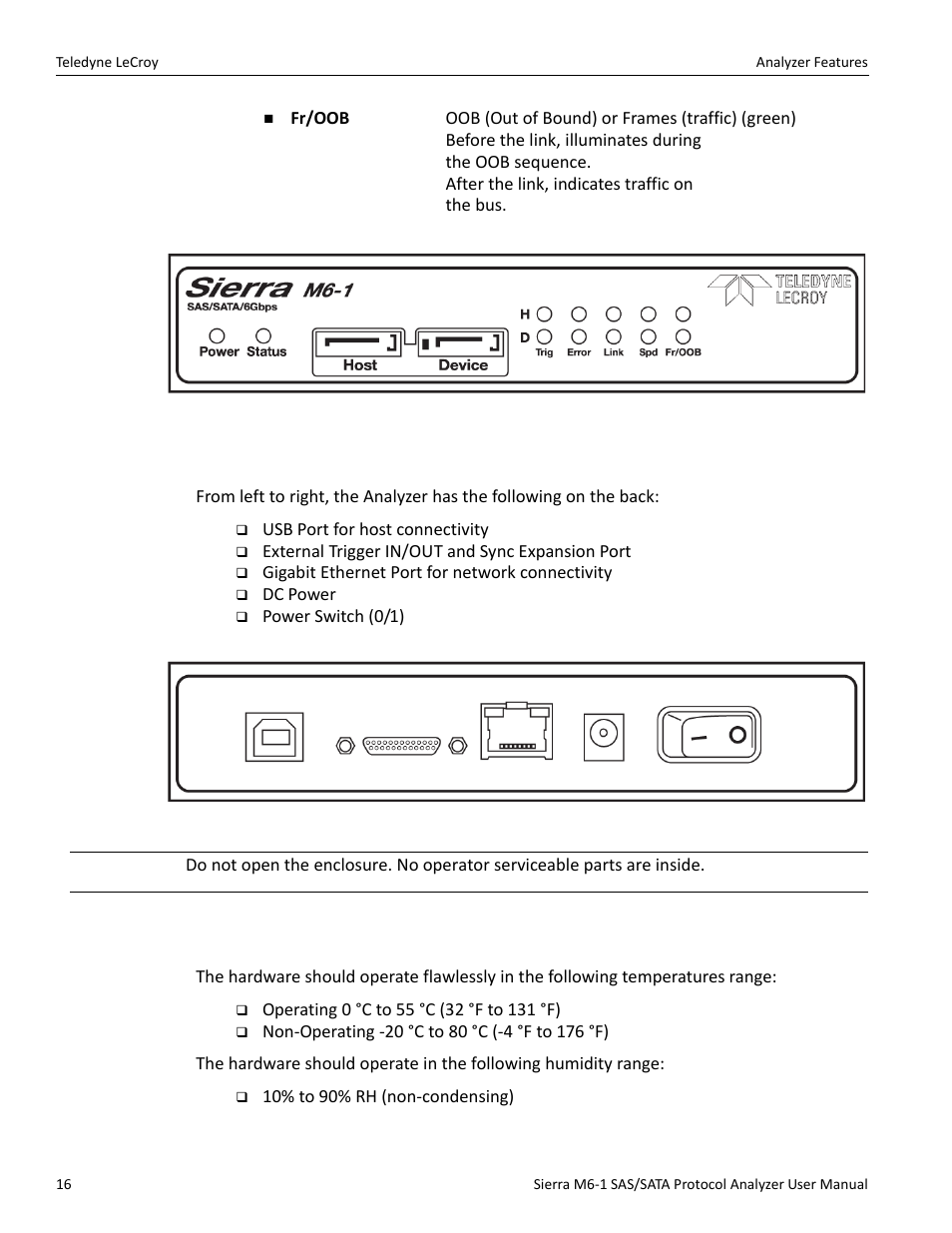 2 rear panel, 3 temperature and humidity | Teledyne LeCroy Sierra M6-1 SAS_SATA Protocol Analyzer User Manual User Manual | Page 18 / 302