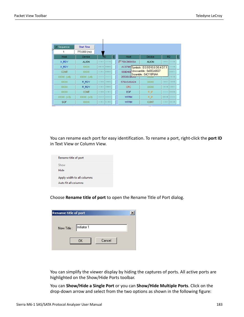 4 customize display, Rename port, Select and apply show/hide port mode | Teledyne LeCroy Sierra M6-1 SAS_SATA Protocol Analyzer User Manual User Manual | Page 185 / 302