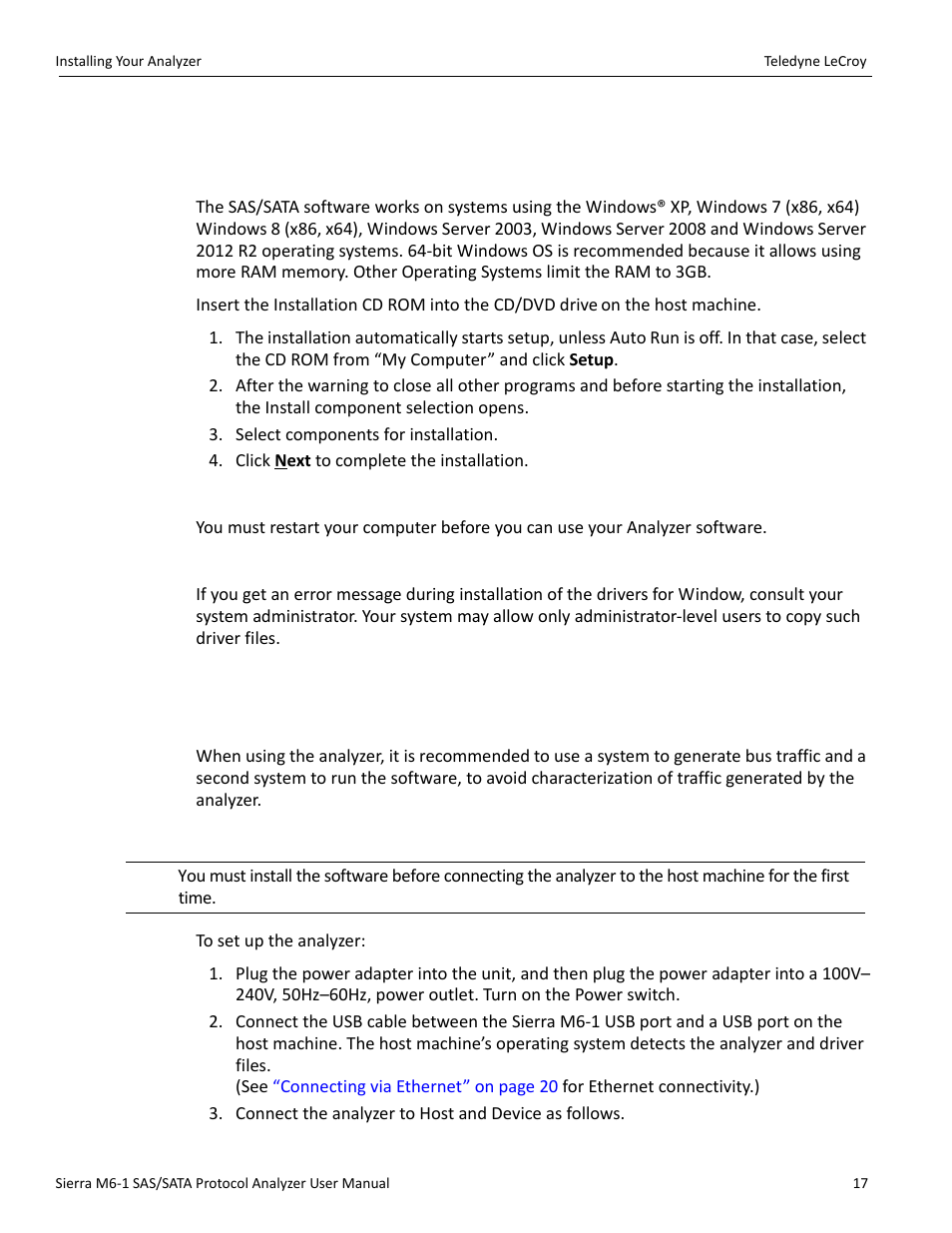 6 installing your analyzer, 1 software installation, System restart | Error message, 2 hardware setup, Separate systems, Connecting in general | Teledyne LeCroy Sierra M6-1 SAS_SATA Protocol Analyzer User Manual User Manual | Page 19 / 302