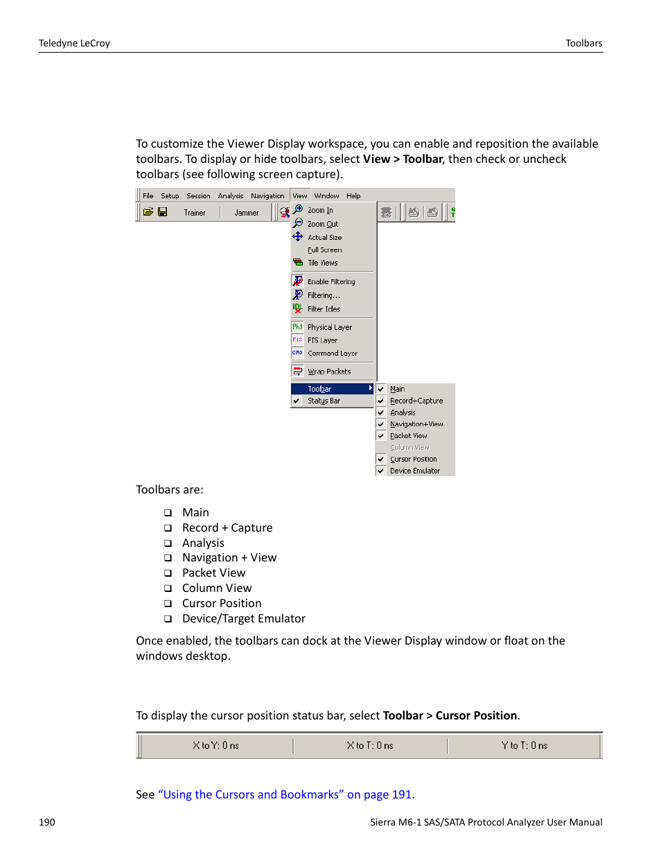 8 toolbars, 1 enabling tool bars, 2 cursor position status bar | Teledyne LeCroy Sierra M6-1 SAS_SATA Protocol Analyzer User Manual User Manual | Page 192 / 302