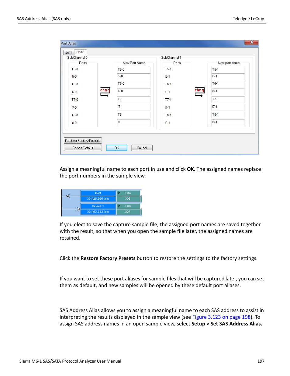 Restore factory presets, Set as default, 13 sas address alias (sas only) | Teledyne LeCroy Sierra M6-1 SAS_SATA Protocol Analyzer User Manual User Manual | Page 199 / 302