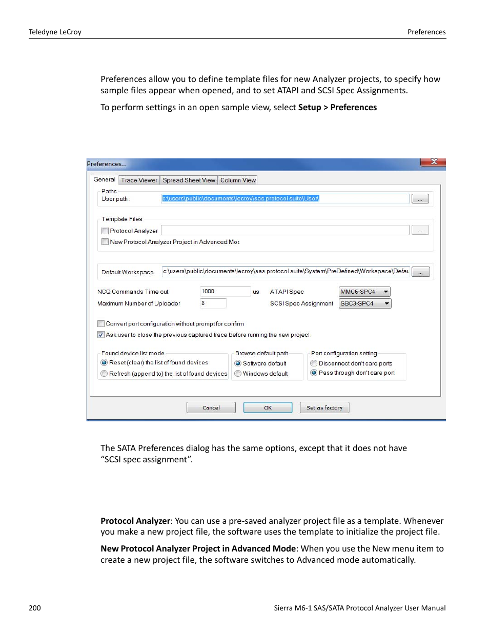 15 preferences, 1 general tab, Paths | Template files, Preferences” on | Teledyne LeCroy Sierra M6-1 SAS_SATA Protocol Analyzer User Manual User Manual | Page 202 / 302
