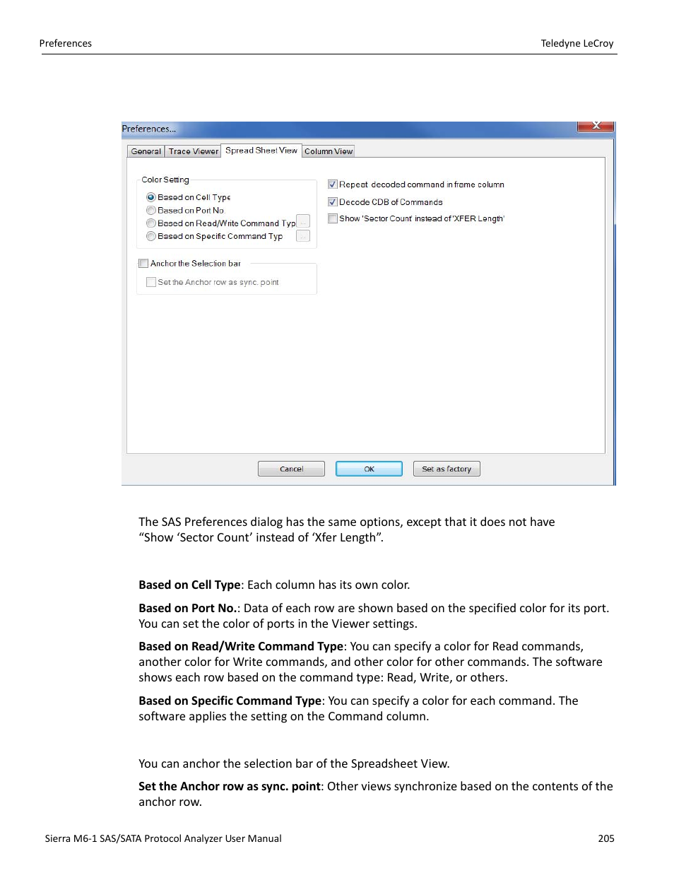 4 spread sheet view tab, Color setting, Anchor the selection bar | Teledyne LeCroy Sierra M6-1 SAS_SATA Protocol Analyzer User Manual User Manual | Page 207 / 302