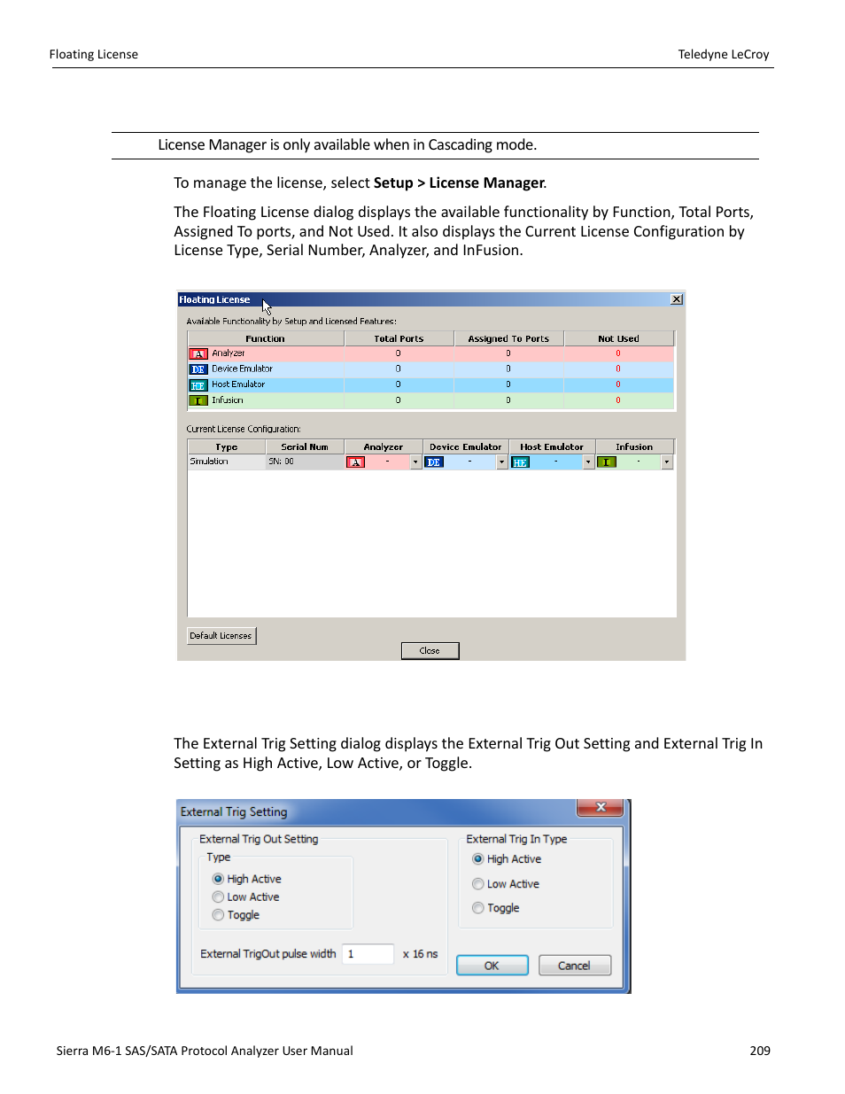 16 floating license, 17 external trig setting | Teledyne LeCroy Sierra M6-1 SAS_SATA Protocol Analyzer User Manual User Manual | Page 211 / 302