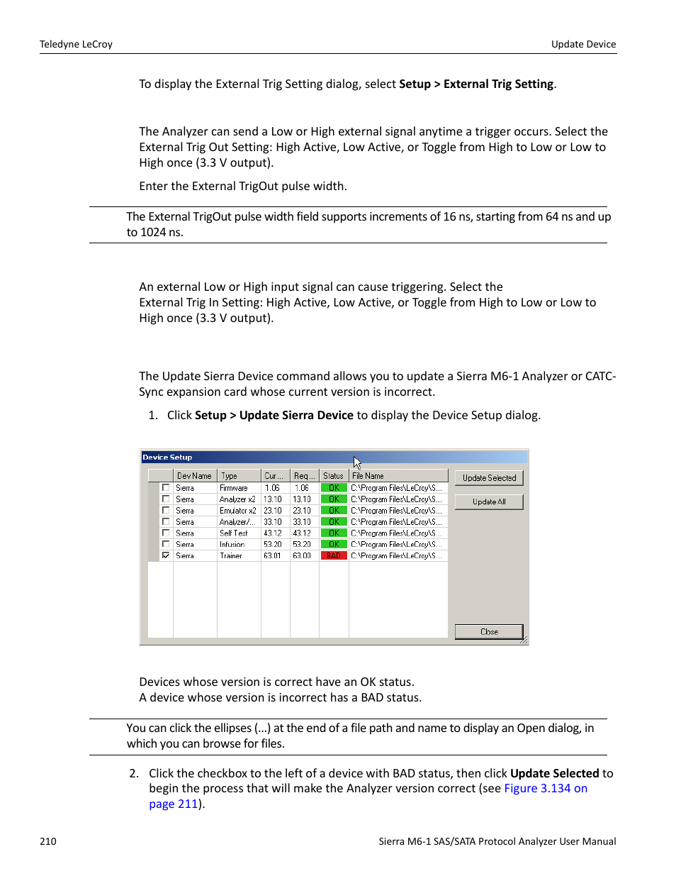 External trig out setting, External trig in setting, 18 update device | Teledyne LeCroy Sierra M6-1 SAS_SATA Protocol Analyzer User Manual User Manual | Page 212 / 302