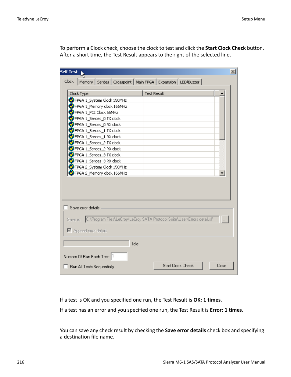 2 clock check, Test result: ok or error, Saving | Teledyne LeCroy Sierra M6-1 SAS_SATA Protocol Analyzer User Manual User Manual | Page 218 / 302