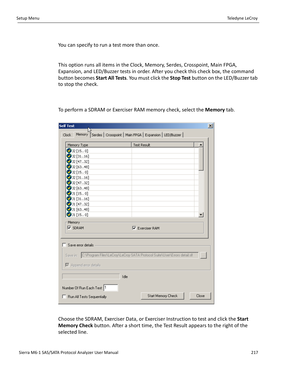 Number of runs each test, Run all tests sequentially, 3 memory check | Teledyne LeCroy Sierra M6-1 SAS_SATA Protocol Analyzer User Manual User Manual | Page 219 / 302