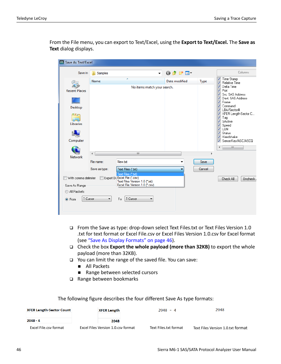 Export to text/excel | Teledyne LeCroy Sierra M6-1 SAS_SATA Protocol Analyzer User Manual User Manual | Page 48 / 302