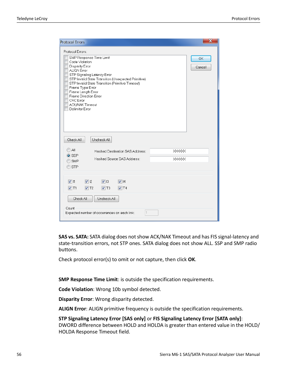 Protocol errors descriptions | Teledyne LeCroy Sierra M6-1 SAS_SATA Protocol Analyzer User Manual User Manual | Page 58 / 302
