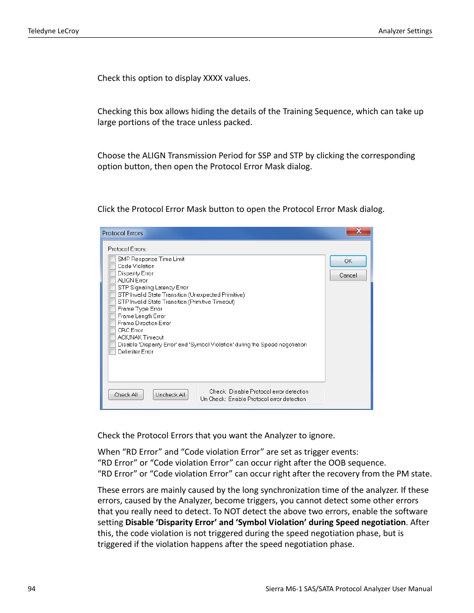3 show xxxx value, Pack training sequence, 4 protocol error mask | Teledyne LeCroy Sierra M6-1 SAS_SATA Protocol Analyzer User Manual User Manual | Page 96 / 302
