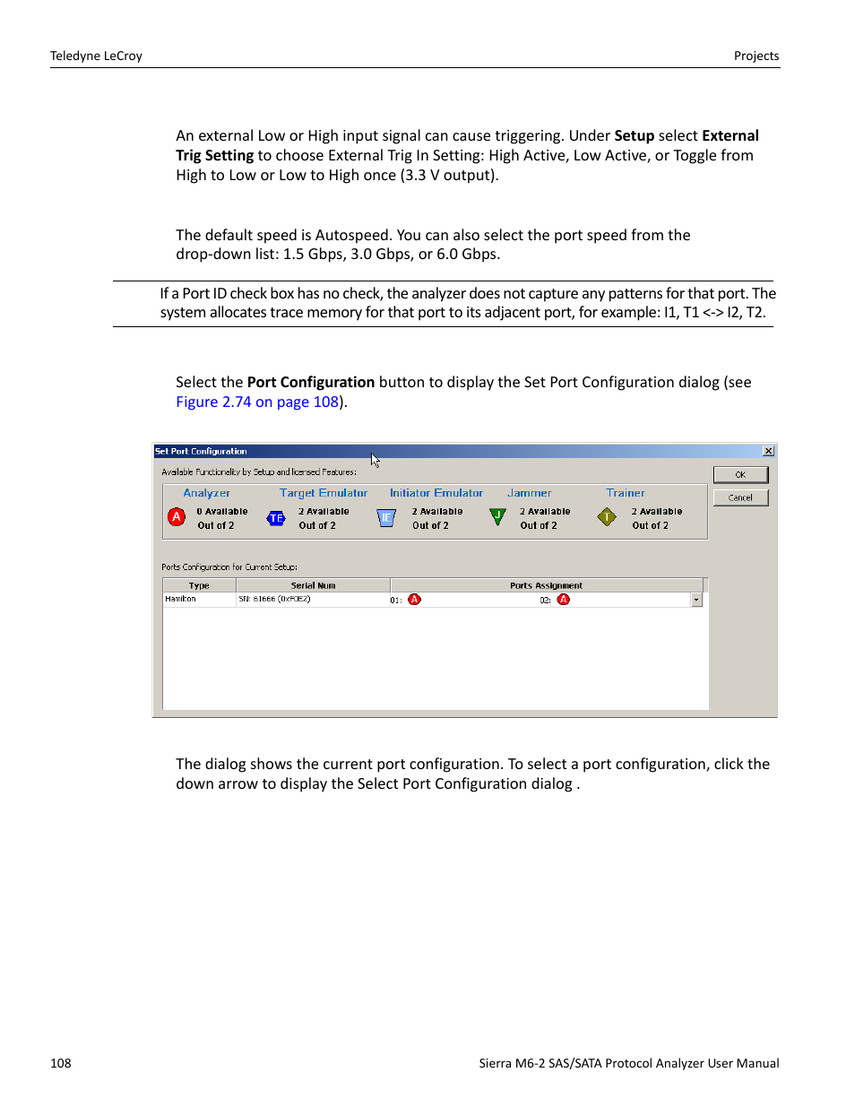 External trig in setting, Choose port speed, Ports configuration | Teledyne LeCroy Sierra M6-2 SAS_SATA Protocol Analyzer User Manual User Manual | Page 110 / 496