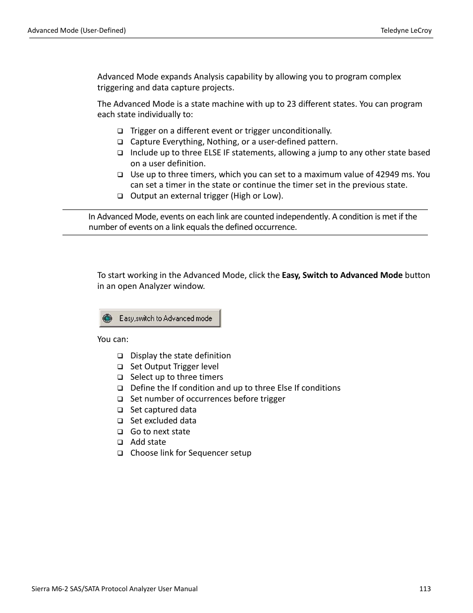 7 advanced mode (user-defined), 1 working in advanced mode | Teledyne LeCroy Sierra M6-2 SAS_SATA Protocol Analyzer User Manual User Manual | Page 115 / 496