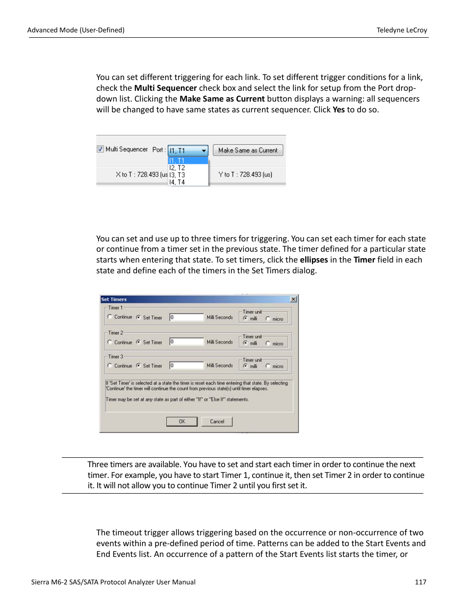 2 multi-link triggering, 3 set timers, 4 timeout | Teledyne LeCroy Sierra M6-2 SAS_SATA Protocol Analyzer User Manual User Manual | Page 119 / 496