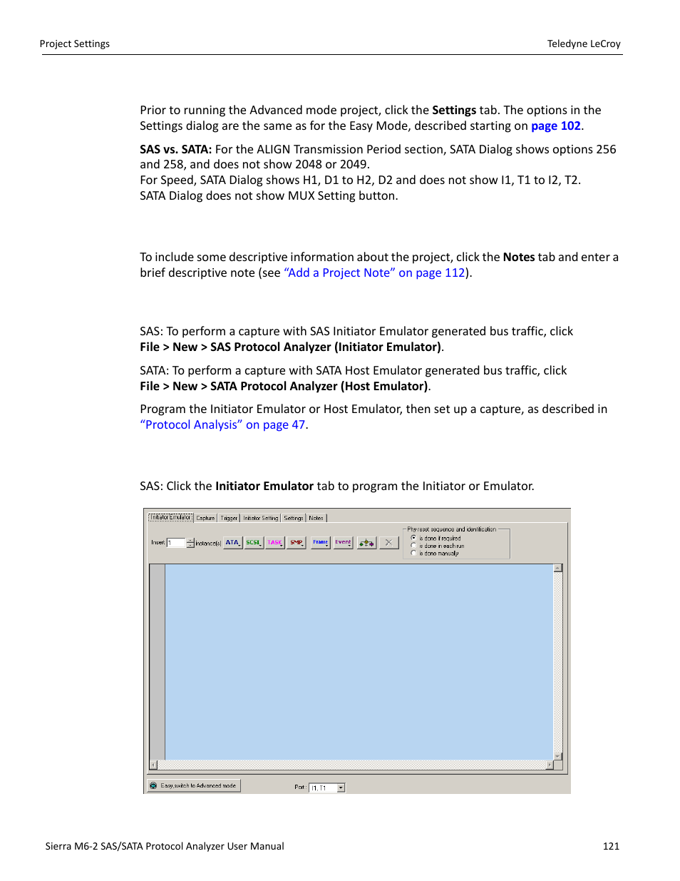 8 project settings, 1 notes, 9 emulation | 1 programming the initiator or host emulator, Nd advanced mode (see | Teledyne LeCroy Sierra M6-2 SAS_SATA Protocol Analyzer User Manual User Manual | Page 123 / 496