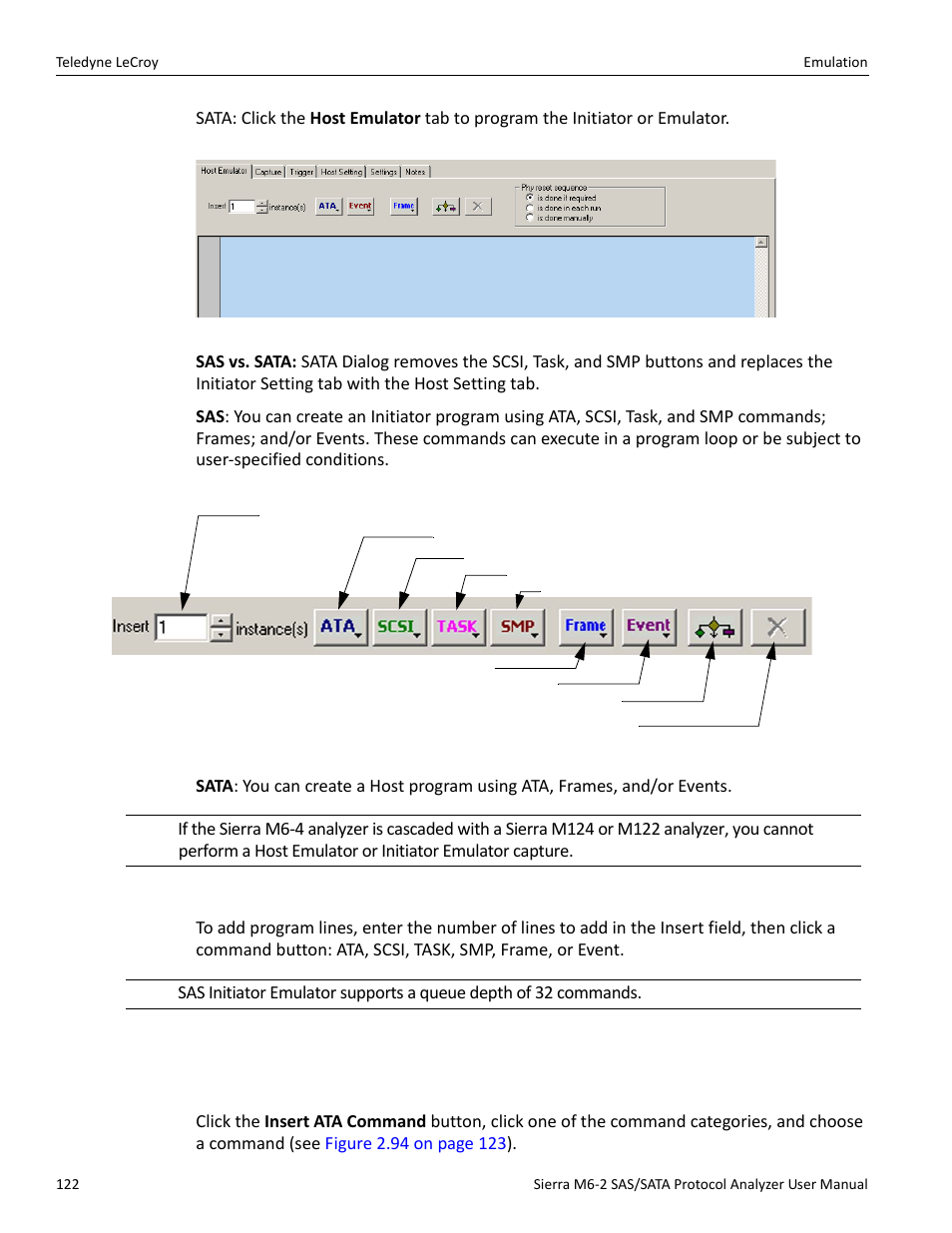 Add program lines, 2 adding initiator or host emulator commands, Adding an ata command | Teledyne LeCroy Sierra M6-2 SAS_SATA Protocol Analyzer User Manual User Manual | Page 124 / 496