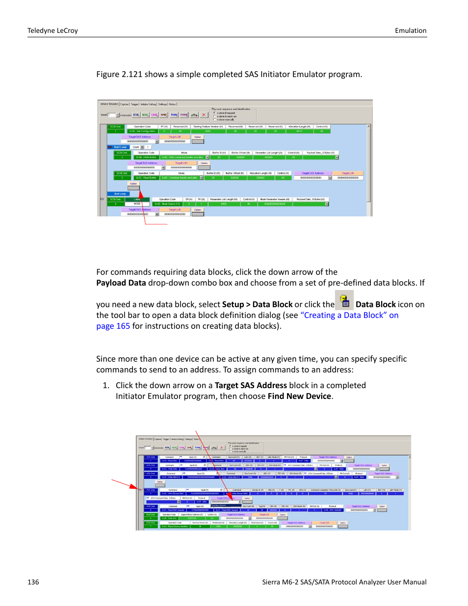 Sample initiator emulator program (sas only), Data blocks, Exercising specific addresses | Ta block (see | Teledyne LeCroy Sierra M6-2 SAS_SATA Protocol Analyzer User Manual User Manual | Page 138 / 496