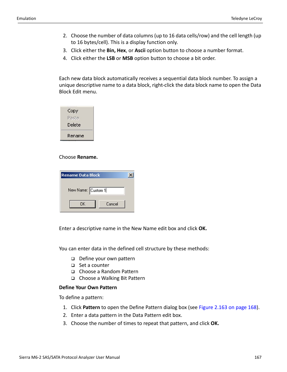 Naming a data block, Editing a data block | Teledyne LeCroy Sierra M6-2 SAS_SATA Protocol Analyzer User Manual User Manual | Page 169 / 496