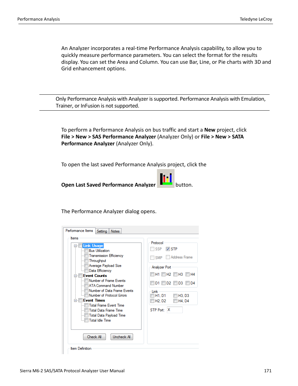 10 performance analysis, 1 performance analysis with analyzer only, New performance analysis project | Last saved performance analysis project, 2 performance analysis project | Teledyne LeCroy Sierra M6-2 SAS_SATA Protocol Analyzer User Manual User Manual | Page 173 / 496