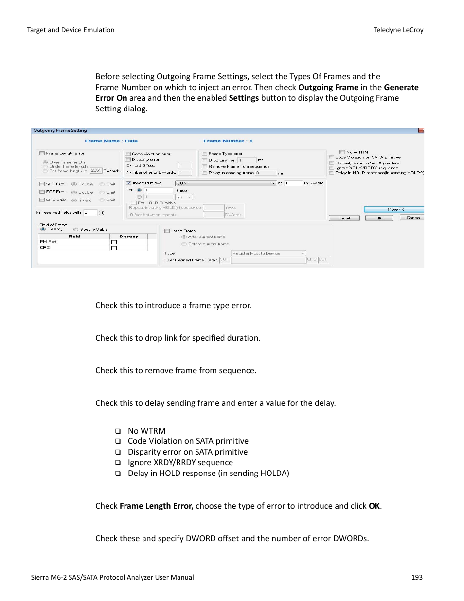 6 outgoing frame settings | Teledyne LeCroy Sierra M6-2 SAS_SATA Protocol Analyzer User Manual User Manual | Page 195 / 496