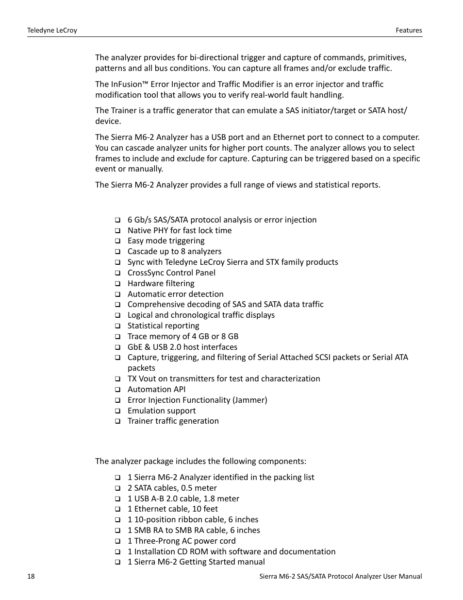 2 features, 3 receiving your analyzer | Teledyne LeCroy Sierra M6-2 SAS_SATA Protocol Analyzer User Manual User Manual | Page 20 / 496