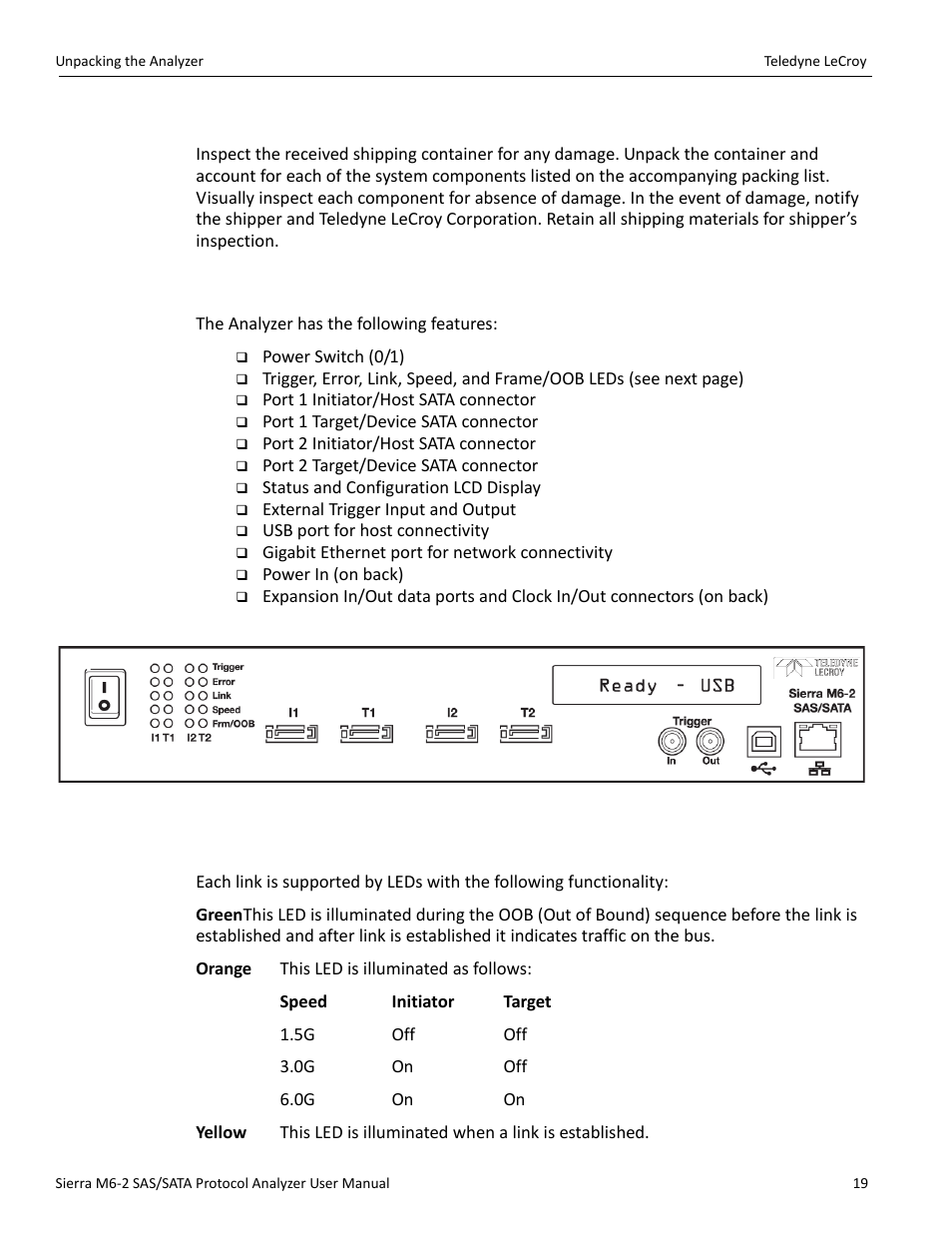 4 unpacking the analyzer, 5 analyzer features, 6 leds | Teledyne LeCroy Sierra M6-2 SAS_SATA Protocol Analyzer User Manual User Manual | Page 21 / 496