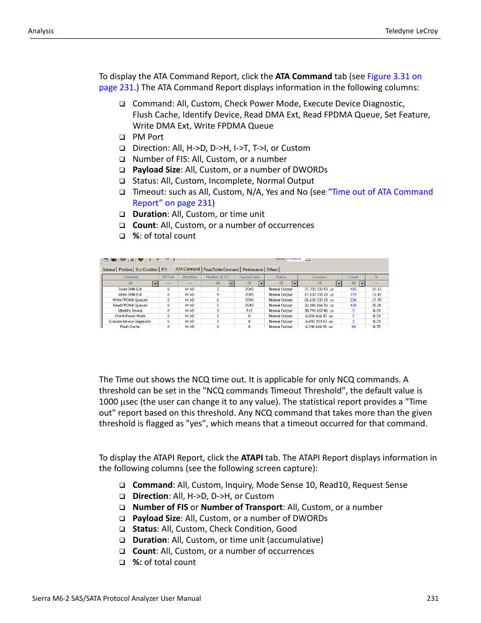 Ata command report, Time out of ata command report, Atapi report | Teledyne LeCroy Sierra M6-2 SAS_SATA Protocol Analyzer User Manual User Manual | Page 233 / 496