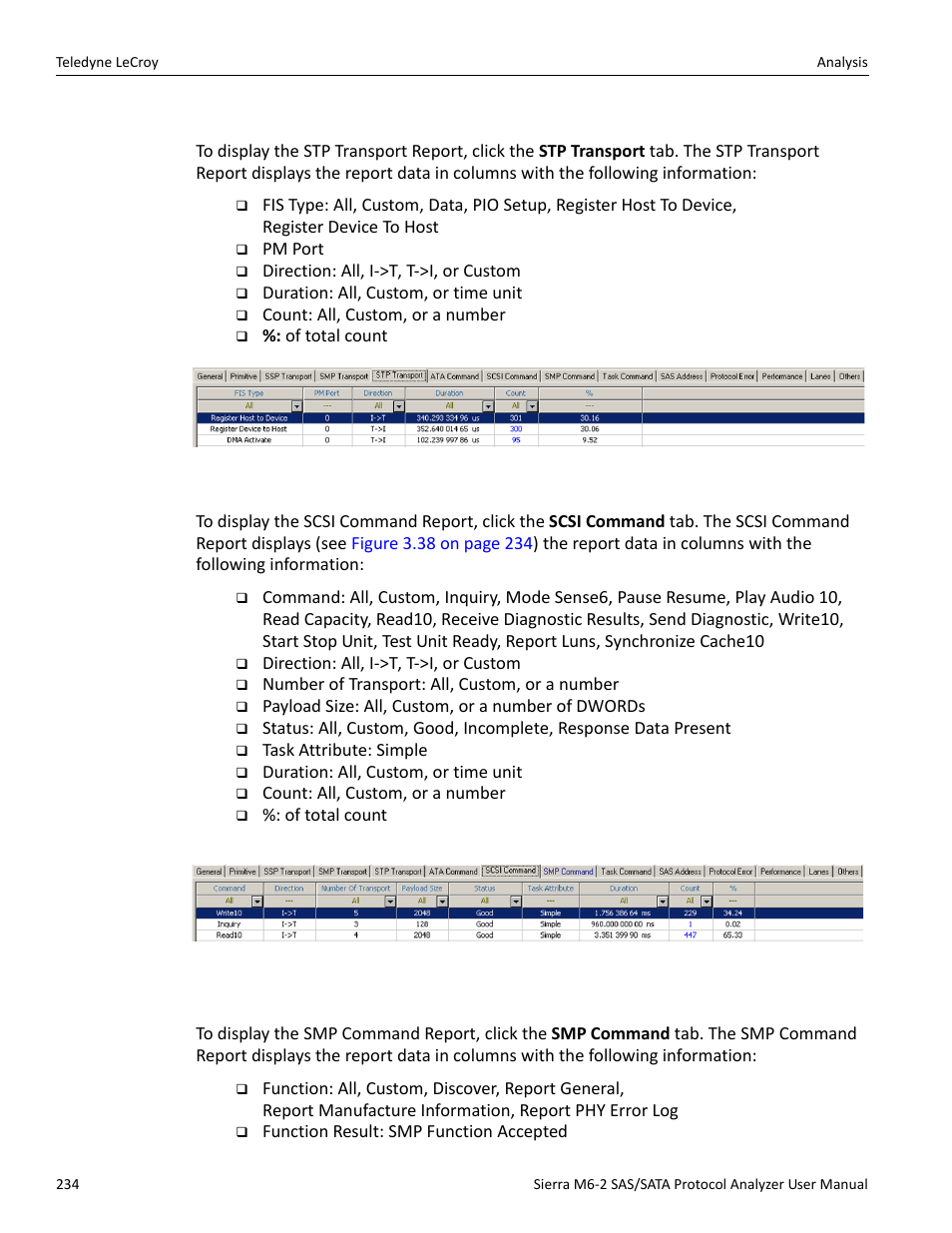 Scsi command report (sas), Smp command report (sas) | Teledyne LeCroy Sierra M6-2 SAS_SATA Protocol Analyzer User Manual User Manual | Page 236 / 496
