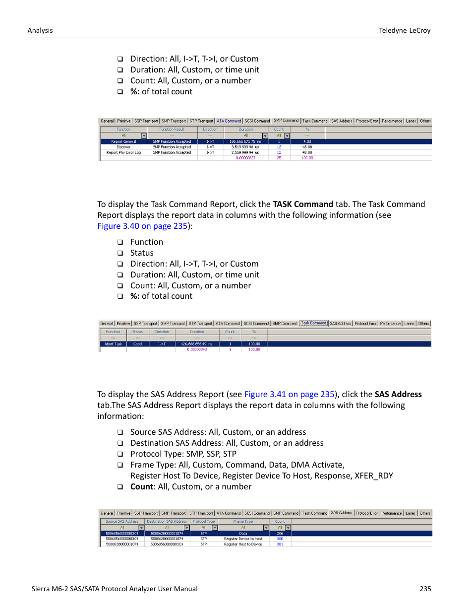 Task command report (sas), Sas address report (sas) | Teledyne LeCroy Sierra M6-2 SAS_SATA Protocol Analyzer User Manual User Manual | Page 237 / 496