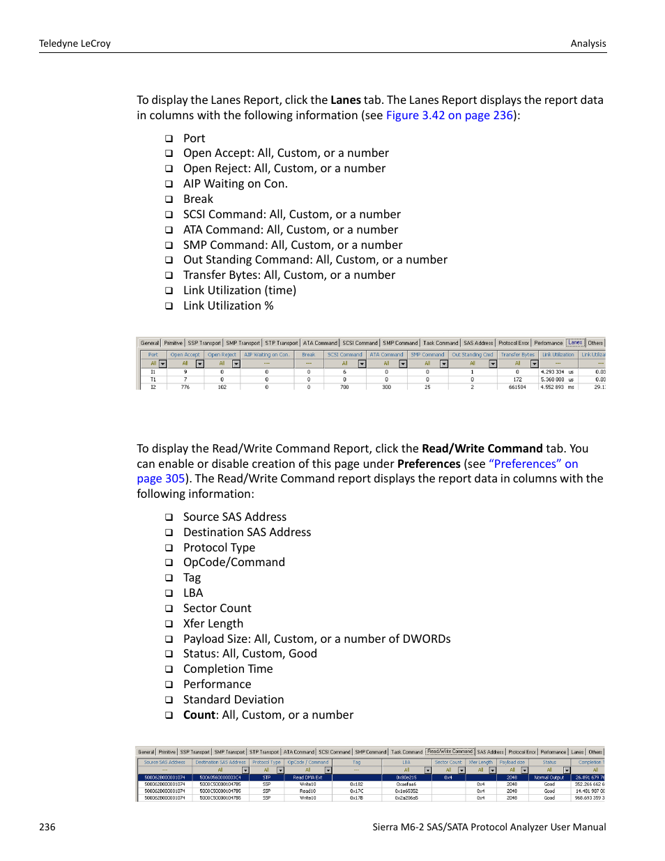 Lanes report (sas), Read/write command report (sas) | Teledyne LeCroy Sierra M6-2 SAS_SATA Protocol Analyzer User Manual User Manual | Page 238 / 496