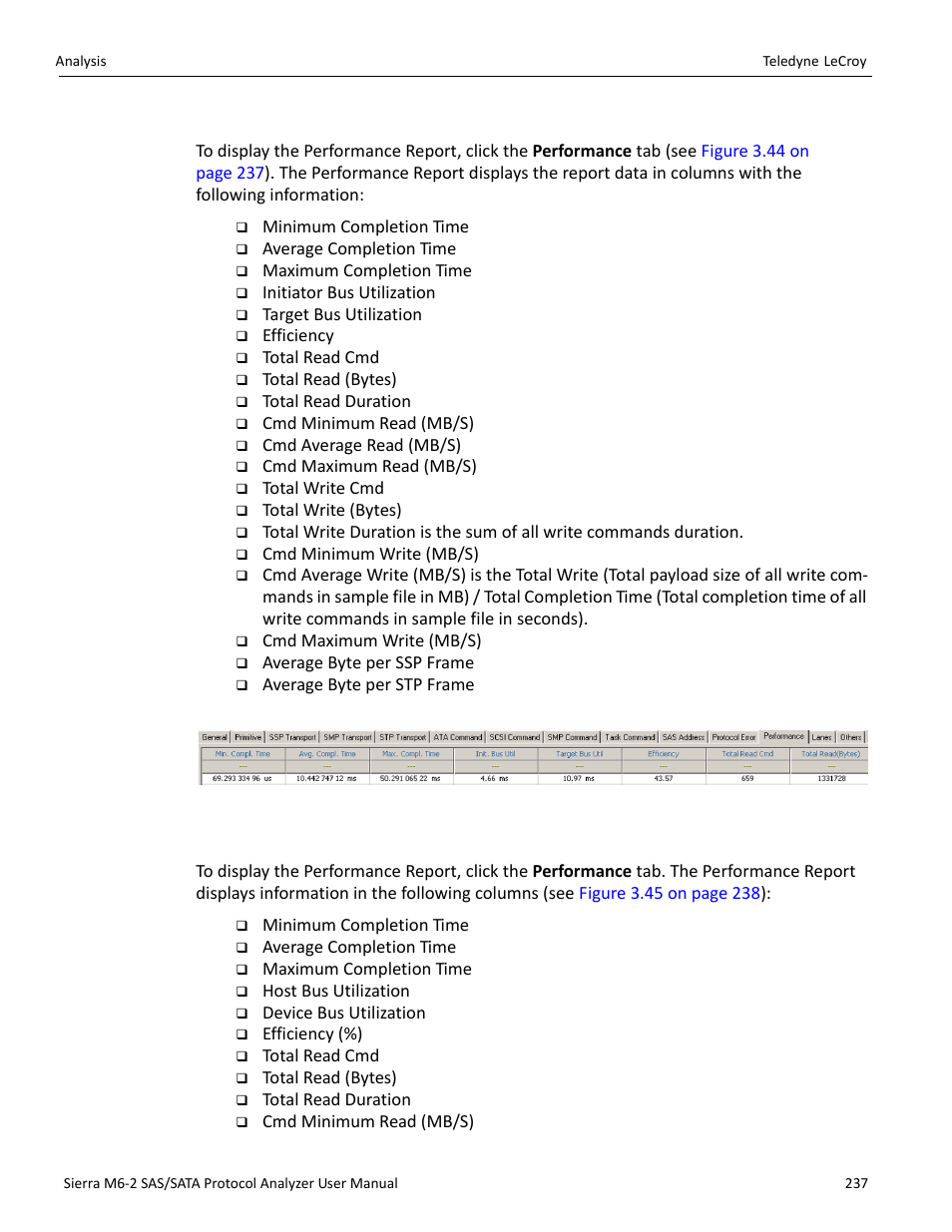 Performance report (sas), Performance report (sata) | Teledyne LeCroy Sierra M6-2 SAS_SATA Protocol Analyzer User Manual User Manual | Page 239 / 496