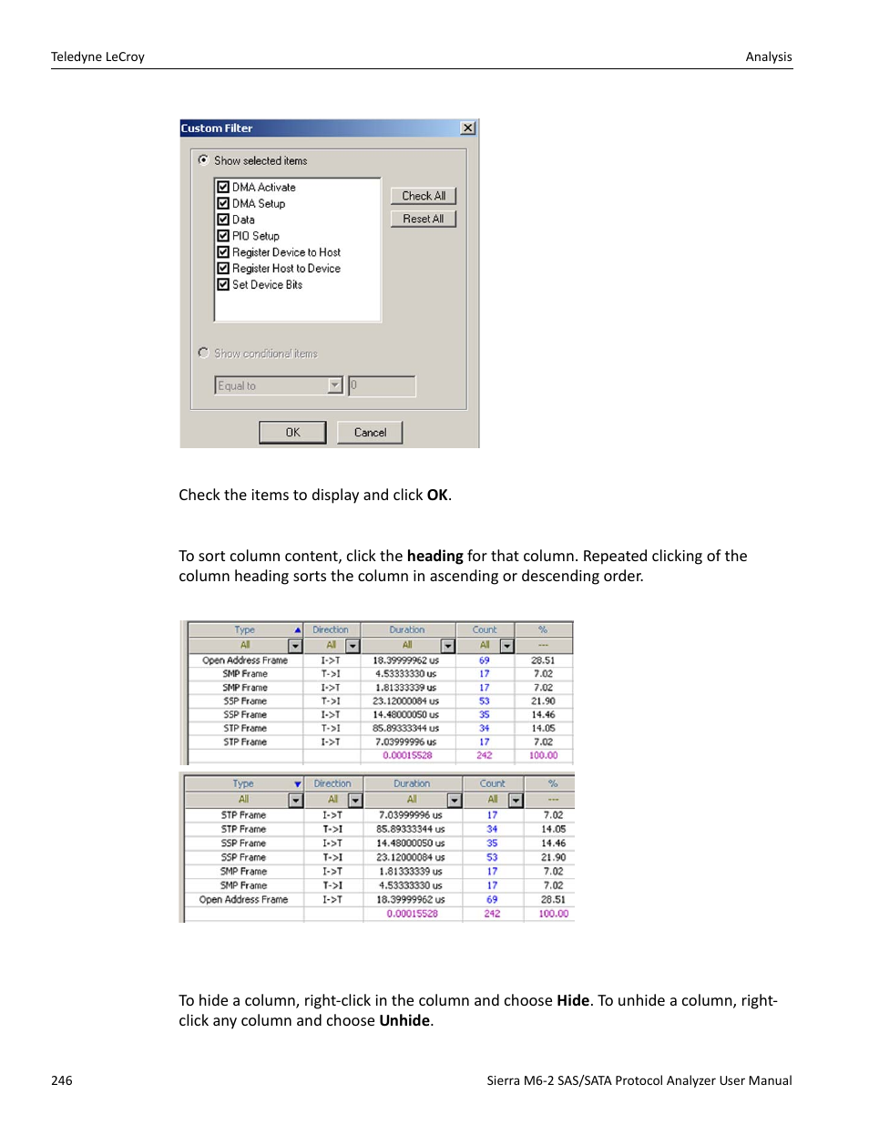 Sorting column content, Hiding columns | Teledyne LeCroy Sierra M6-2 SAS_SATA Protocol Analyzer User Manual User Manual | Page 248 / 496