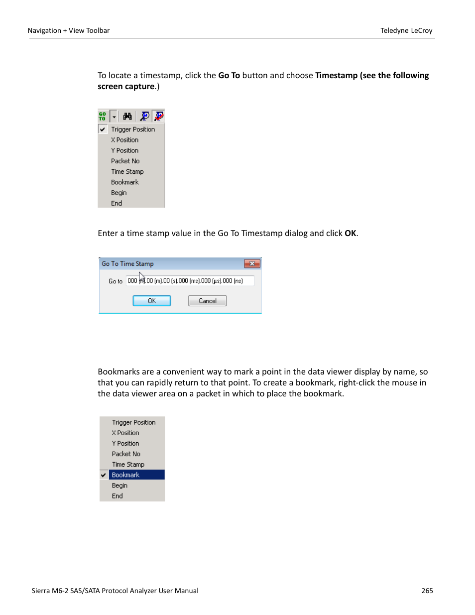 Go to time stamp, Bookmarks | Teledyne LeCroy Sierra M6-2 SAS_SATA Protocol Analyzer User Manual User Manual | Page 267 / 496