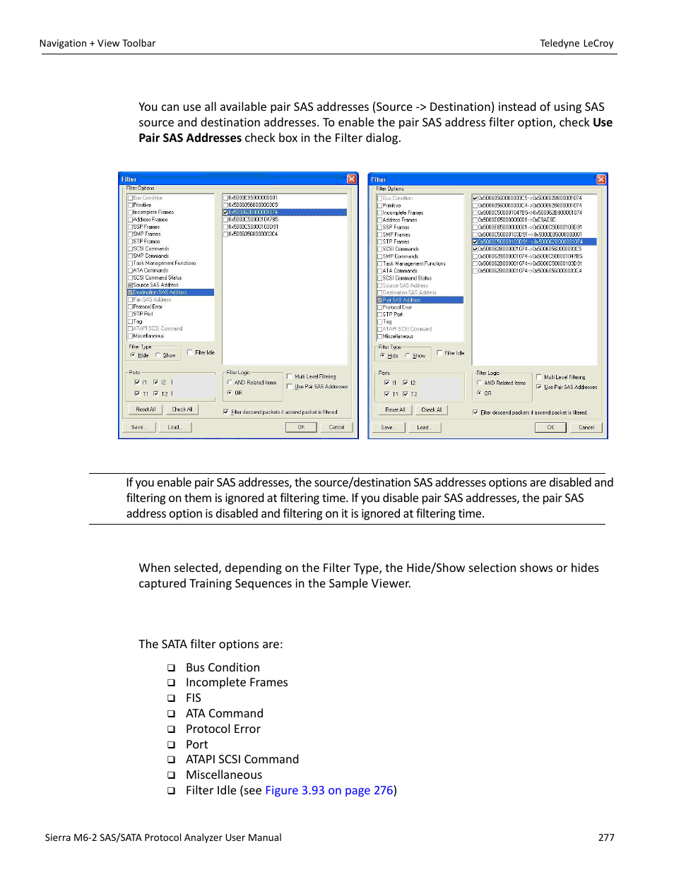 Use pair sas addresses, Training sequence, 5 selectable filter options for sata | Selectable | Teledyne LeCroy Sierra M6-2 SAS_SATA Protocol Analyzer User Manual User Manual | Page 279 / 496