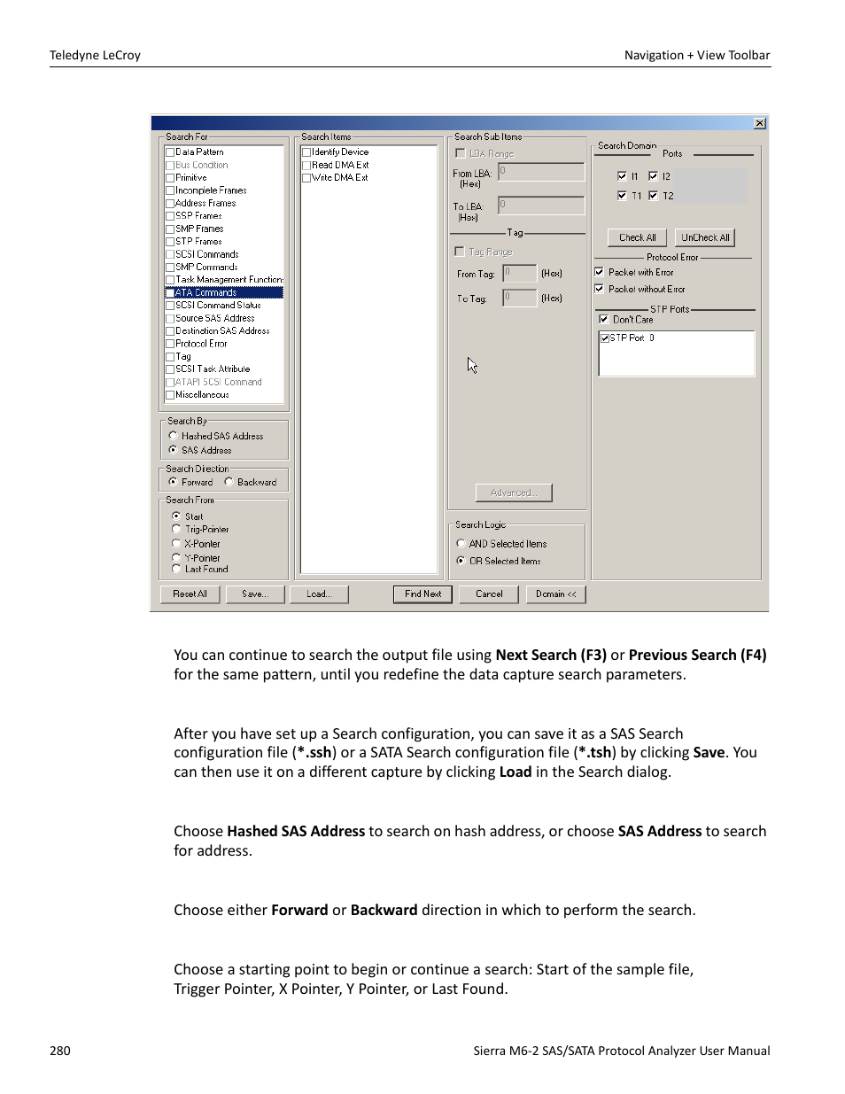 Save search setup, Search by, Search direction | Search from | Teledyne LeCroy Sierra M6-2 SAS_SATA Protocol Analyzer User Manual User Manual | Page 282 / 496