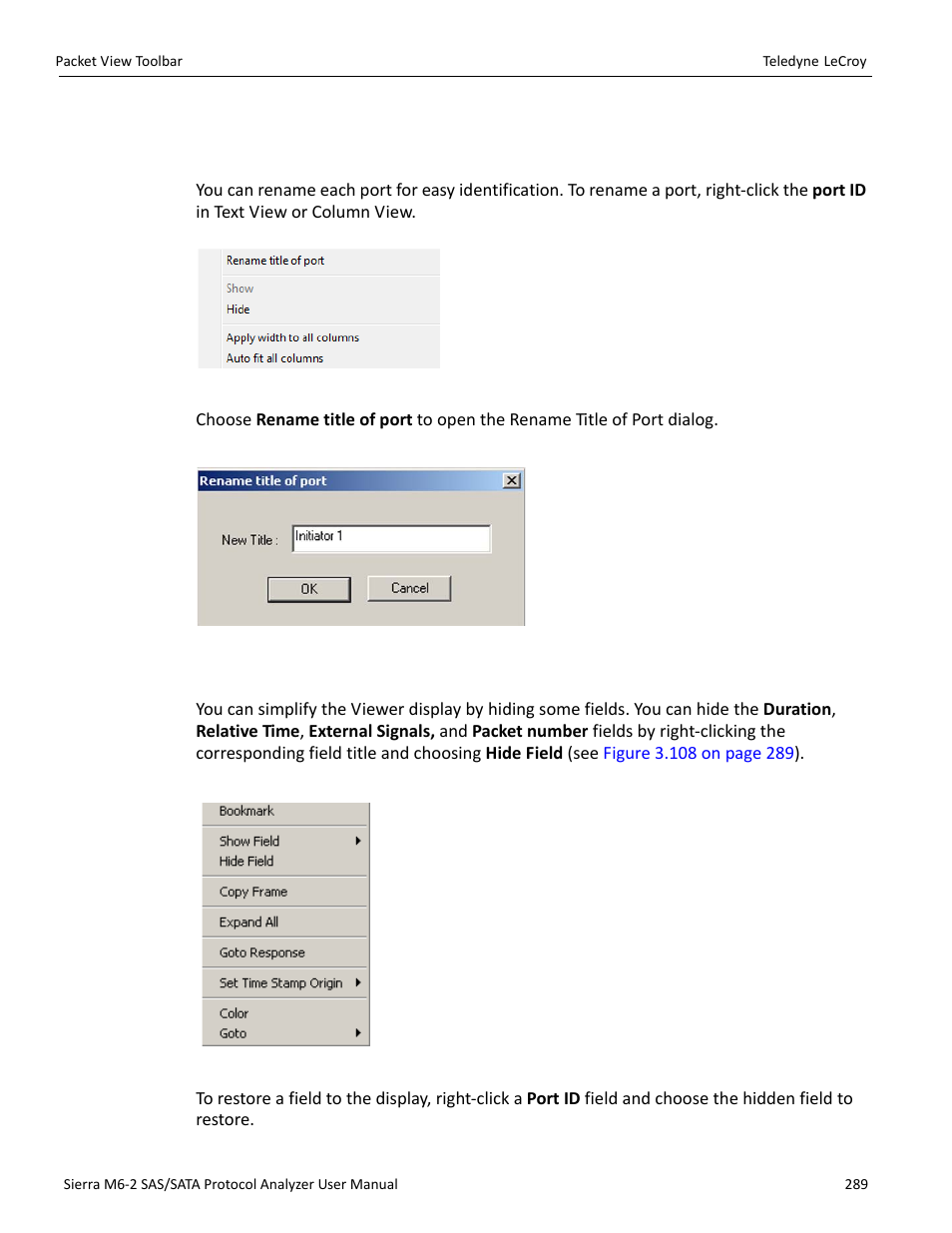 4 customize display, Rename port, Show/hide field | Teledyne LeCroy Sierra M6-2 SAS_SATA Protocol Analyzer User Manual User Manual | Page 291 / 496