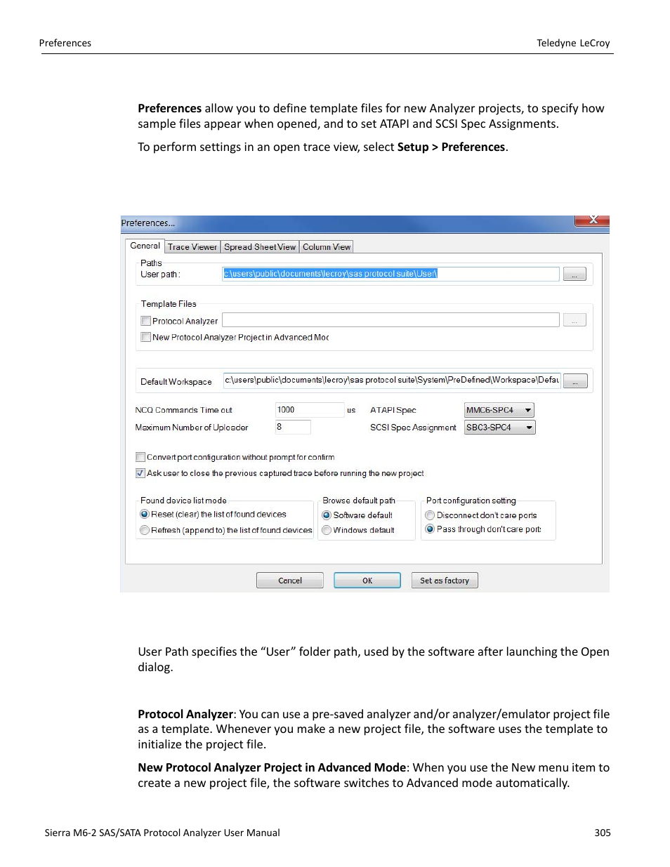 18 preferences, 1 general tab, Paths | Template files, S (see, Preferences” on, The r | Teledyne LeCroy Sierra M6-2 SAS_SATA Protocol Analyzer User Manual User Manual | Page 307 / 496