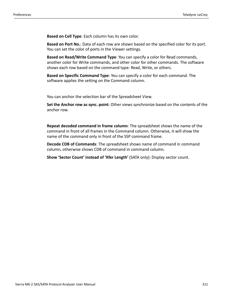 Color setting, Anchor the selection bar, Other | Teledyne LeCroy Sierra M6-2 SAS_SATA Protocol Analyzer User Manual User Manual | Page 313 / 496