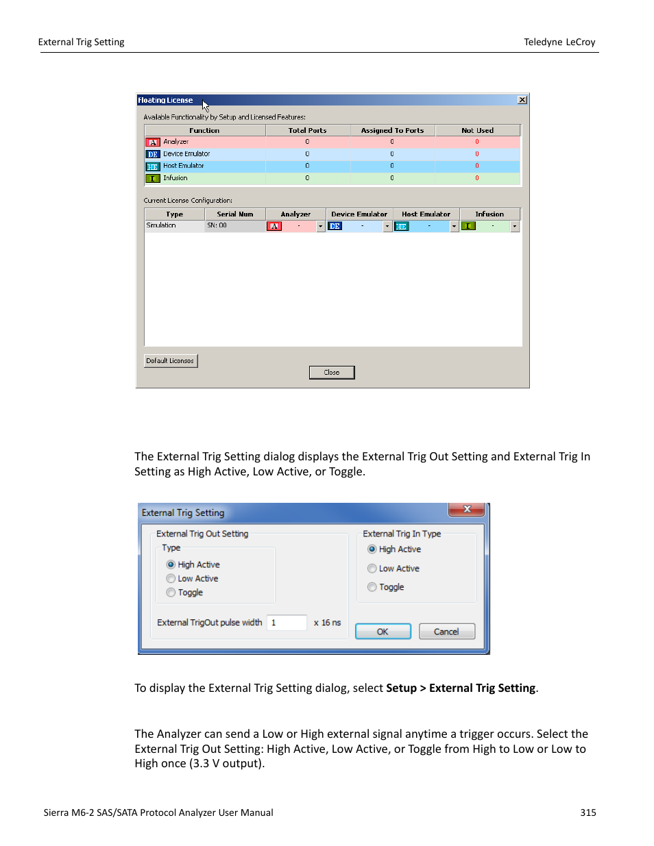 20 external trig setting, External trig out setting, Ing (see | Teledyne LeCroy Sierra M6-2 SAS_SATA Protocol Analyzer User Manual User Manual | Page 317 / 496