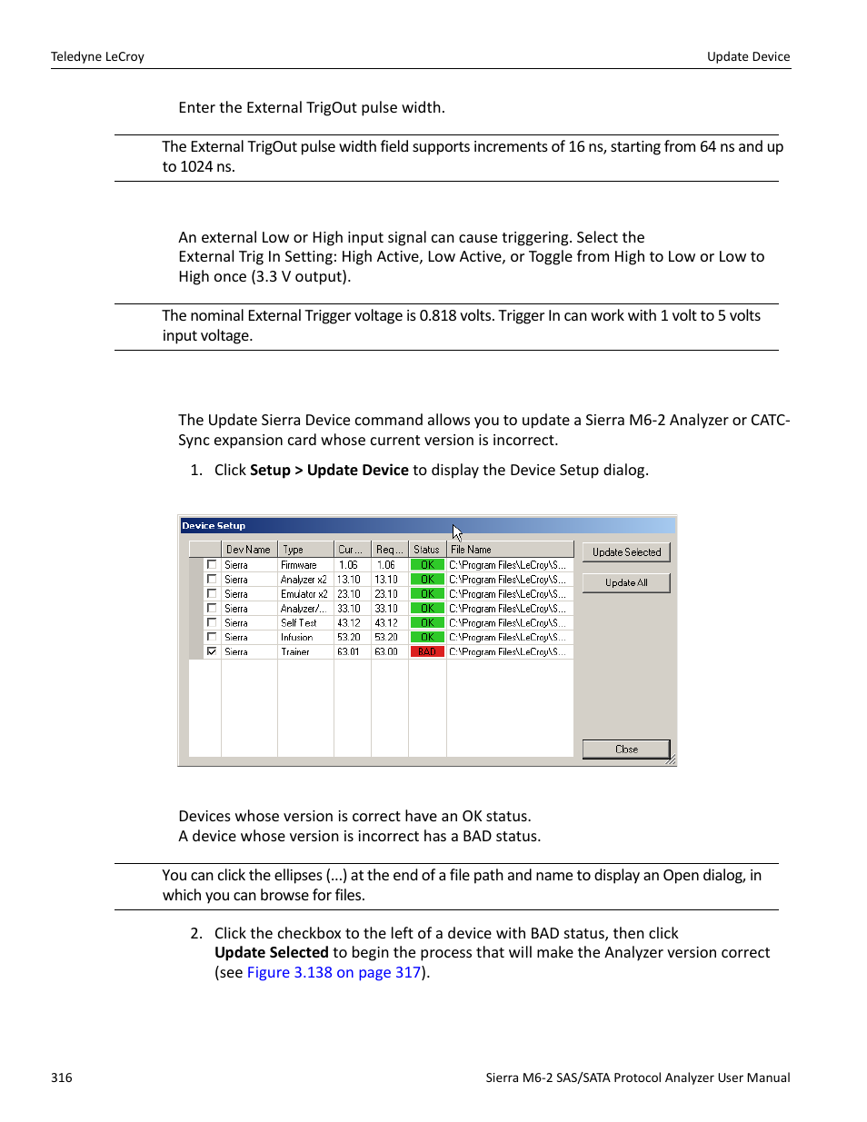 External trig in setting, 21 update device, Vice (see | Teledyne LeCroy Sierra M6-2 SAS_SATA Protocol Analyzer User Manual User Manual | Page 318 / 496