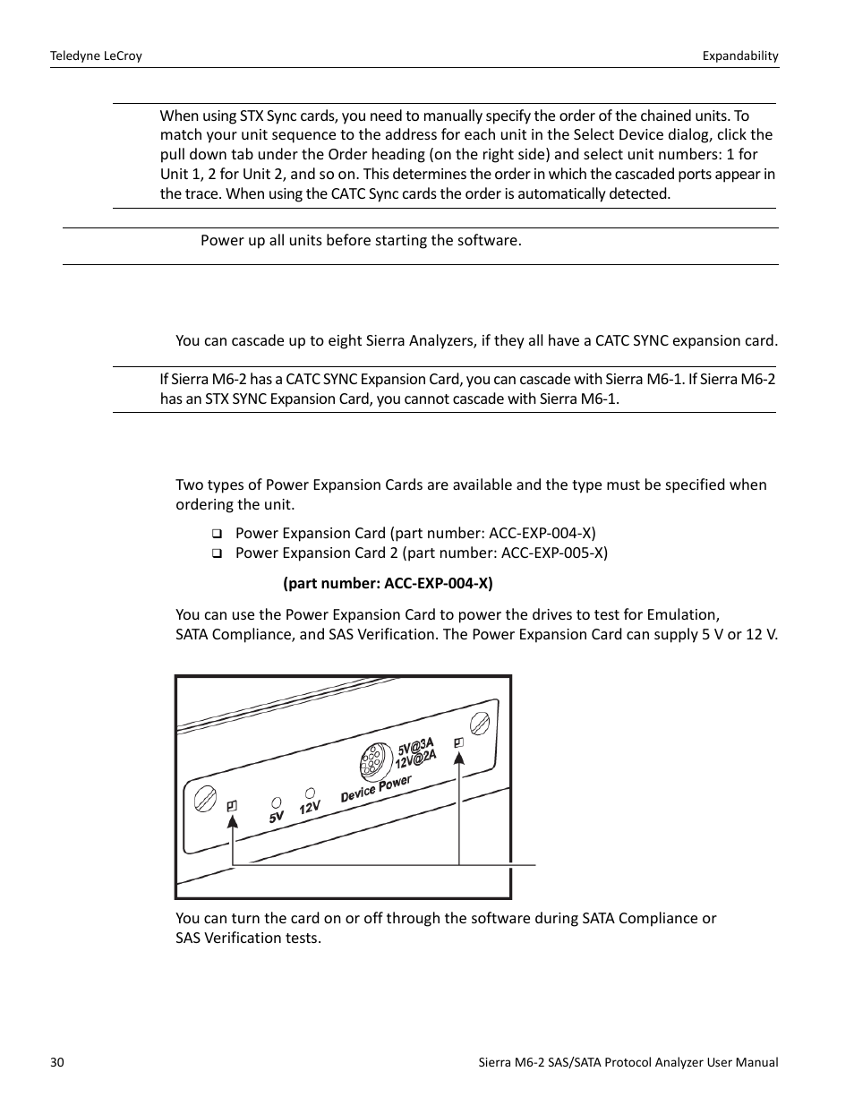 3 cascading with catc sync expansion card, 4 using the power expansion card, Power expansion card (part number: acc-exp-004-x) | Teledyne LeCroy Sierra M6-2 SAS_SATA Protocol Analyzer User Manual User Manual | Page 32 / 496