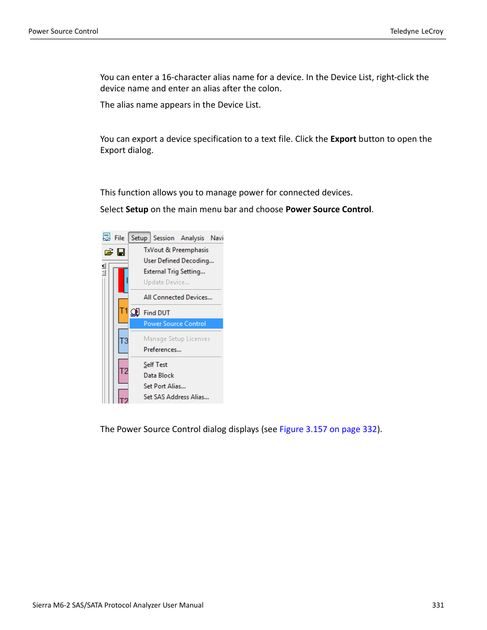 Aliasing, Exporting, 26 power source control | Teledyne LeCroy Sierra M6-2 SAS_SATA Protocol Analyzer User Manual User Manual | Page 333 / 496